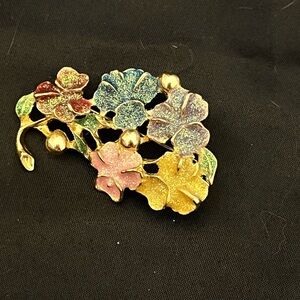 Floral Flowers Multi-Color Glitter Sparkle Enamel Brooch Pin Colorful Gold-tone